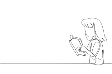 Poster - continuous one line drawing girls are very focused on reading books. reading fiction story books dur
