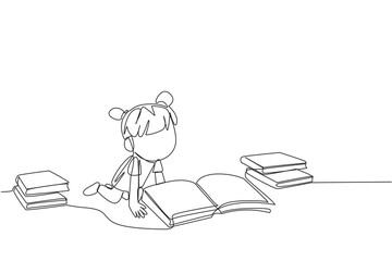 Poster - Single one line drawing girls reading books happily. Good reading interest. Really enjoy reading story books. Reading everywhere. Book festival concept. Continuous line design graphic illustration