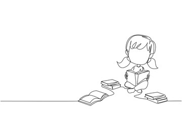Poster - Single one line drawing girl who really likes reading. Everyday one book is read. Good habit. There is no day without reading book. Book festival concept. Continuous line design graphic illustration