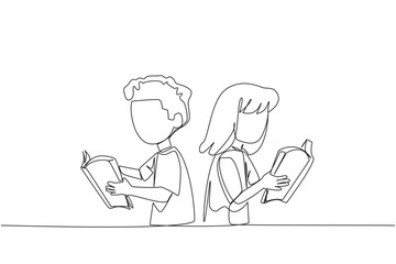 Poster - Single one line drawing kids are very focused on reading a book. Reading fiction story books during school holidays. Book festival concept. Very good habit. Continuous line design graphic illustration