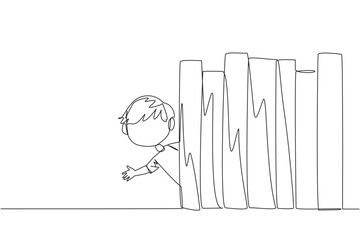 Poster - single continuous line drawing a boy appears from behind a row of books. invitation to read books at