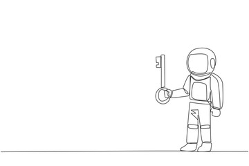 Poster - Continuous one line drawing astronaut holding key. Important key to increasing profit has been secured. Ready to become important inheritance for relatives. Single line draw design vector illustration