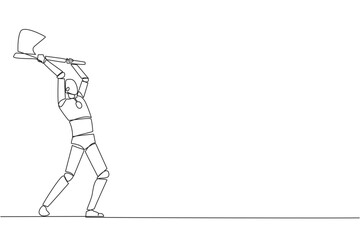 Poster - Single continuous line drawing smart robot swinging an axe. Style like a lumberjack. Strong. Muscular. Powerful. Sports for physical health. Awareness. AI tech. One line design vector illustration