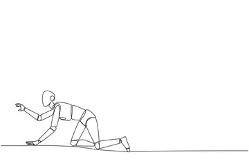 Poster - Single continuous line drawing robot artificial intelligence. Trying to get up after being attacked by pandemic. Starting from crawling, walking, then running fast. One line design vector illustration