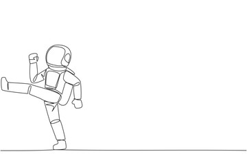 Poster - single continuous line drawing astronaut doing kicking motion. stretch before office hours start. a 