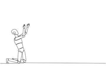 Poster - Continuous one line drawing robot kneeling raising hands to pray. Praying to make it easier to do business. The robot lost hope. Surrender. Sadness. Tech. Single line draw design vector illustration