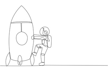 Poster - Single one line drawing astronaut and rocket. Get ready to ride rocket that will launch. Metaphors bring business success. Cosmonaut deep space. Spaceship. Continuous line design graphic illustration