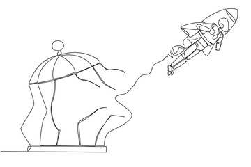 Poster - Single one line drawing robot flying with rocket and breaks the cage. Free from traps. Getting a booster to continue the business. Business soared. AI tech. Continuous line design graphic illustration
