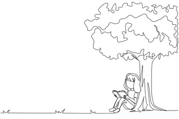Poster - Single one line drawing girl sitting reading a book under shady tree. Continuing the second volume of the fiction story book. Enjoy reading. Book festival. Continuous line design graphic illustration