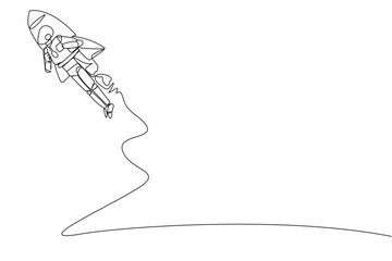 Poster - Single one line drawing smart robot flying with rocket. Desire to take the business to the moon. Successful entrepreneur. The great smartest robot. AI tech. Continuous line design graphic illustration