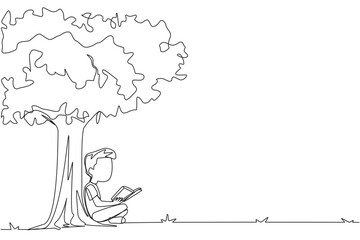 Poster - single continuous line drawing boy sitting reading a book under shady tree. continuing the second vo