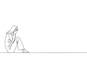 Poster - Single continuous line drawing Arabian businesswoman sitting while covering face. Sad businesswoman bemoans the fate of business. Failure to develop business unit. One line design vector illustration
