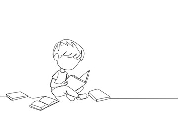 Poster - single continuous line drawing boy sitting relaxed in a library reading a lot of books. looking for 