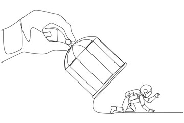 Poster - Single continuous line drawing big hand holds the cage want to catch crawling astronaut. Losing streak. Lost on all fronts. Helpless astronaut. Bankrupt. Spaceman. One line design vector illustration