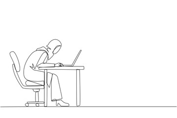 Poster - Single one line drawing Arabian businesswoman sitting and typing on laptop computer. Work hard to achieve maximum expected results. Overtime and work smart. Continuous line design graphic illustration