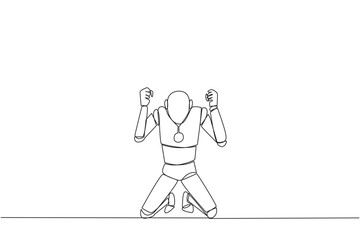 Poster - Continuous one line drawing smart robot kneeling like praying. Lost hope. Businesses will bankrupt if fail to get bona fide clients. Gesture of surrender. Single line draw design vector illustration