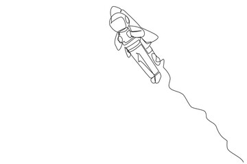 Poster - Single one line drawing young astronaut flying with rocket. Desire to take the business to the moon. Successful entrepreneur. The great energetic astronaut. Continuous line design graphic illustration