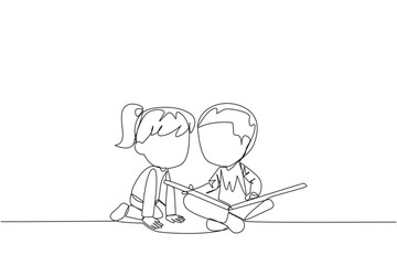 Poster - continuous one line drawing kids sit down and put reading book on feet. interesting to read the comp