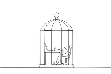 Poster - Single one line drawing Arabian businessman trapped in cage asleep on laptop. Tired of repetitive routines. The many deadlines require overtime every day. Continuous line design graphic illustration