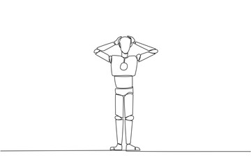 Poster - Single one line drawing robot standing straight holding head with both hands. Gestures excited or surprised. Unusual facial expressions. Startled. AI tech. Continuous line design graphic illustration