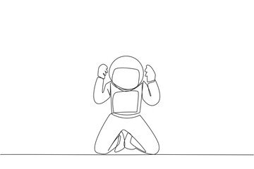 Poster - Single one line drawing young astronaut kneeling like praying. Lost hope. Businesses will bankrupt if fail to get bona fide clients. Gesture of surrender. Continuous line design graphic illustration