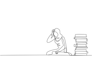 Poster - Single continuous line drawing Arabian businesswoman sitting near piles of work files. Too much work is stressful. Putting off work makes work neglected. Tired. One line design vector illustration