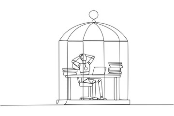 Poster - Single continuous line drawing robot trapped in cage sitting on office chair holding head. Being in routine trap. Tired and irritated with the daily grind. AI tech. One line design vector illustration