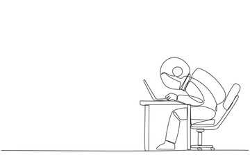 Poster - Single one line drawing astronaut sitting and typing on laptop computer. Work hard to achieve maximum expected results. Overtime and work smart. Spaceman. Continuous line design graphic illustration