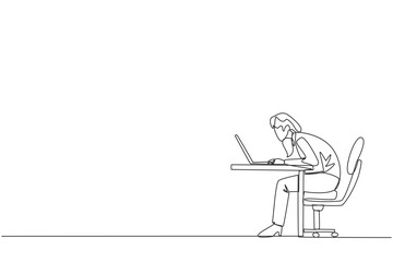 Poster - Continuous one line drawing businesswoman sitting and typing on laptop computer. Work hard to achieve maximum expected results. Overtime and work smart. Single line draw design vector illustration