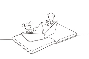 Poster - Single one line drawing the kids reading a book on paper boat. Maintain the good habits. The metaphor of reading can explore oceans. Book festival concept. Continuous line design graphic illustration