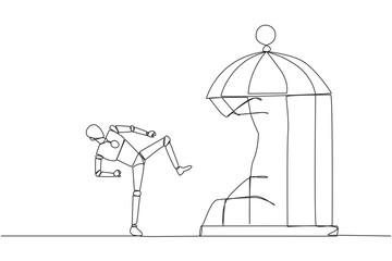 Poster - Continuous one line drawing taekwondo robot destroy the cage with the kick. Metaphors remove the comfort zone trap. A genius entrepreneur for the company. Single line draw design vector illustration