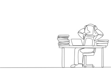 Poster - Single one line drawing young astronaut sitting on office chair. Curious to see stock price on a laptop screen that don't increase. Stressful astronaut. Continuous line design graphic illustration