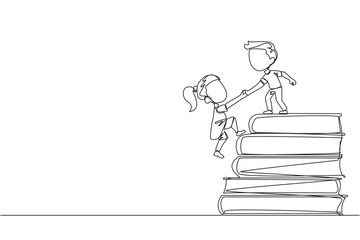 Poster - single continuous line drawing boy helps girl climb a pile of books. the concept of helping each oth