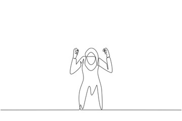 Poster - Single one line drawing Arabian businesswoman kneeling like praying. Lost hope. Businesses will bankrupt if fail to get bona fide clients. Gesture of surrender. Continuous line graphic illustration