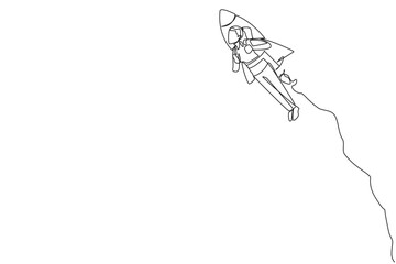 Poster - Single one line drawing young businesswoman flying with rocket. Desire to take the business to the skies. Successful entrepreneur. The great businesswoman. Continuous line design graphic illustration