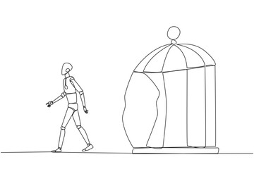 Poster - Continuous one line drawing robot trapped in cage and walking penetrate cage. Metaphor seeking new challenges and experiences for better future. AI tech. Single line draw design vector illustration