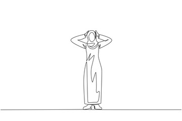 Poster - Continuous one line drawing Arab businesswoman standing straight holding head with both hands. Gestures excited or surprised. Unusual facial expressions. Startled. Single line draw vector illustration