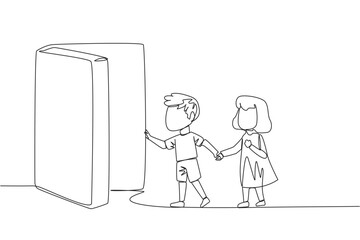 Poster - single one line drawing the kids open the book-shaped door. books can open mind and see everywhere. 