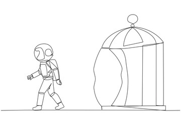 Poster - Continuous one line drawing astronaut trapped in cage and walking penetrate the cage. Metaphor seeking new challenges and experiences for better future. Single line draw design vector illustration