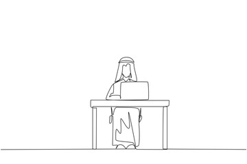 Poster - Continuous one line drawing Arab businessman sitting and typing on laptop computer. Prepare important data to presenting in front of new investors. Hectic. Single line draw design vector illustration