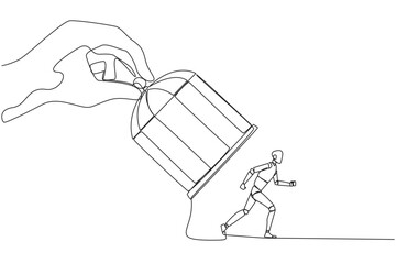 Poster - Continuous one line drawing big hand holding iron cage, catch robot. Want to trap in any way. Enter the trap. Unfair business competition. Lost. AI tech. Single line draw design vector illustration