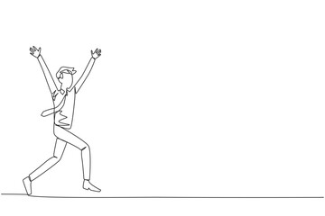 Poster - Continuous one line drawing young businessman running to celebrate the success of business. Like a football player who scores goal, he celebrates. Success. Single line draw design vector illustration