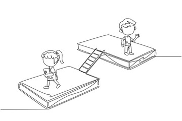 Poster - single one line drawing kids walking on books. a book exhibition concept. display many books, from s