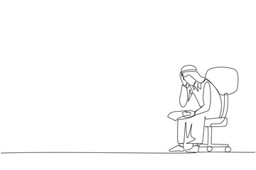 Poster - Single continuous line drawing sad Arab businessman sat limply in chair. Pensively holding a piece of bill paper. The large of receivables, business will collapse. One line design vector illustration