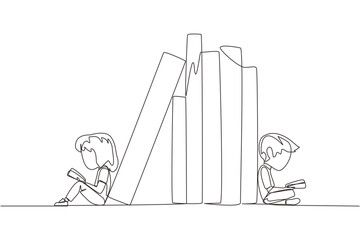Poster - Single continuous line drawing kids reading sitting leaning against a pile of books. Habit of reading books every day. Library. Good habit. Book festival concept. One line design vector illustration