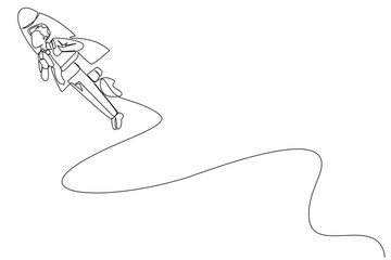 Poster - single one line drawing young businessman flying with rocket. desire to take the business to the ski