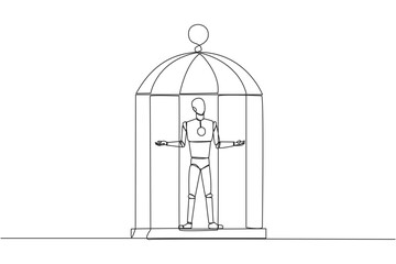 Poster - Single one line drawing robot trapped in cage standing with open arms. Surrender to the situation. Forced to stay in a cage. Business is not growing. Tech. Continuous line design graphic illustration