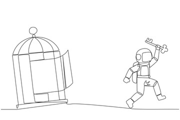 Poster - single continuous line drawing young astronaut running out of the cage holding the key. concept of f