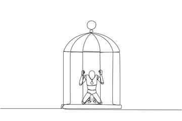 Poster - Single continuous line drawing robot trapped in the cage kneeling holding iron bars. Framed by business partner. Have to bear all the consequences. Unfair. AI tech. One line design vector illustration