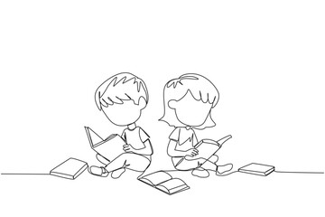 Poster - single continuous line drawing kids sitting relaxed in a library reading a lot of books. looking for